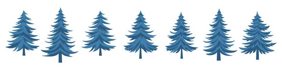 A set of drawn coniferous trees, isolated on white background, vector design