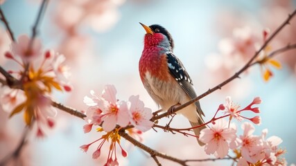 Male Finch Sings in Blossoming Orchard