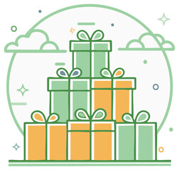 Festive Gift Stack in Green and Gold for Celebrations with Clouds Stars