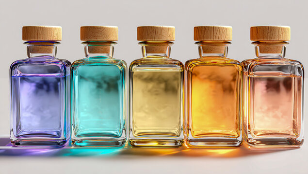 Row of five colorful glass bottles filled with clear liquids and cork stoppers