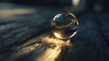 Glass Paperweight Magnifying a Stock Market Graph on Wooden Table