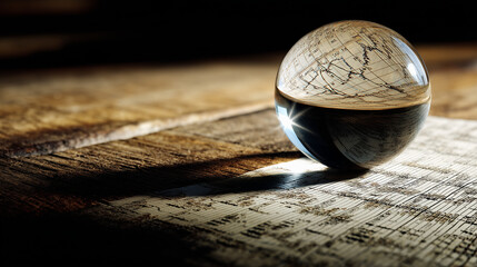 Glass Paperweight Magnifying a Stock Market Graph on Wooden Table
