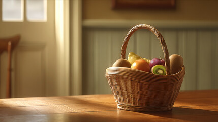 A rustic basket filled with assorted fresh tropical fruits.