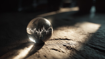 Glass Paperweight Magnifying a Stock Market Graph on Wooden Table