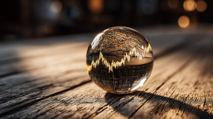 Glass Paperweight Magnifying a Stock Market Graph on Wooden Table