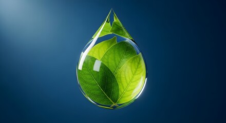 A water droplet encapsulating vibrant green leaves, symbolizing nature's purity and environmental conservation.