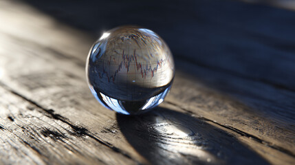 Glass Paperweight Magnifying a Stock Market Graph on Wooden Table