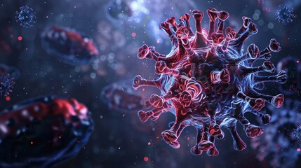 Microscopic Virus Particle Illustration in Red and Blue Colors with Detailed Surface Structure