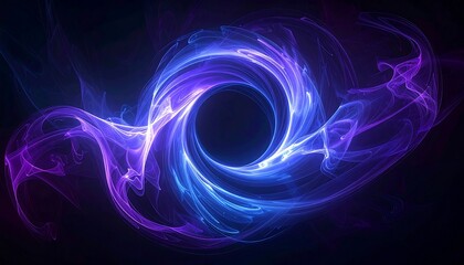 A swirling, vibrant vortex of glowing blue and purple energy against a dark void. The bright core is surrounded by ethereal, flowing light