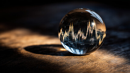 Glass Paperweight Magnifying a Stock Market Graph on Wooden Table