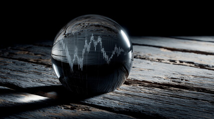 Glass Paperweight Magnifying a Stock Market Graph on Wooden Table