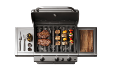 Overhead view of a stainless steel gas grill with various foods cooking