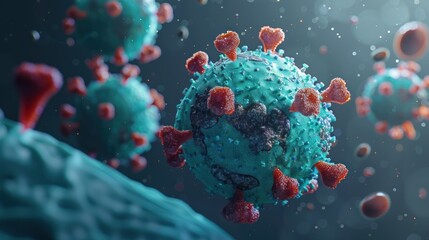 Microscopic Virus Particle with Red Spike Proteins in Blue and Green Colors