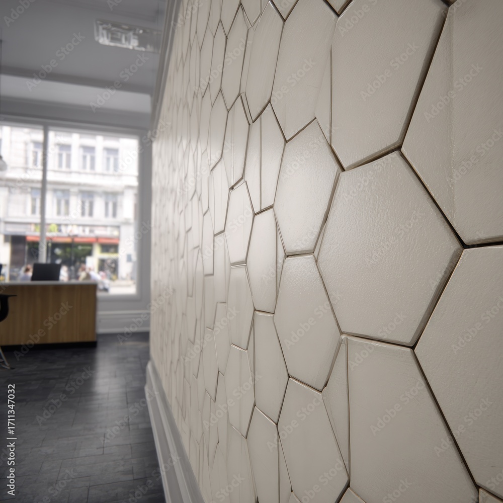 Poster a wall featuring a modern, intricate pattern of off-white hexagonal tiles, creating a unique and vis