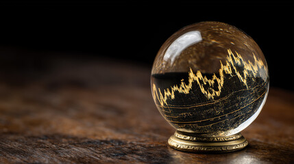 Glass Paperweight Magnifying a Stock Market Graph on Wooden Table