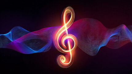 A glowing treble clef shines amidst abstract gradient forms.