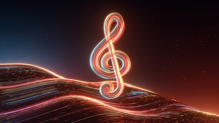 Luminous treble clef hovers above abstract sound wave forms