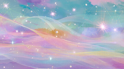 Abstract iridescent waves flow with glowing star particles.