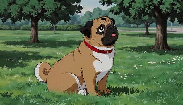Cartoon Pug Dog Standing in Park Animation Video
