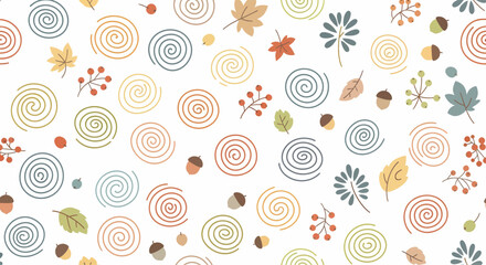 Colorful Autumnal Pattern with Spirals and Leaves.