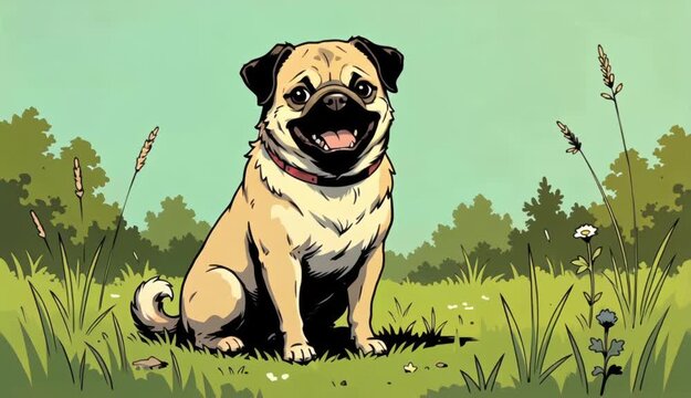 Cute Cartoon Pug Dog Sitting in Meadow Animation Video