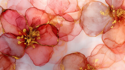Delicate pink floral blooms with gilded edges watercolor art