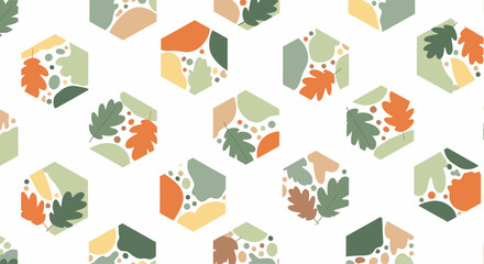 Fototapeta premium Modern seamless pattern with autumn leaves in geometric hexagons.