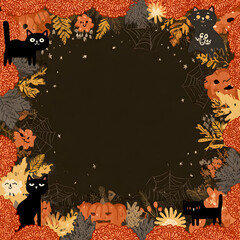 Fototapeta premium Black cats and carved pumpkins create a festive Halloween frame with spiderwebs and autumn leaves, evoking a spooky and whimsical mood.