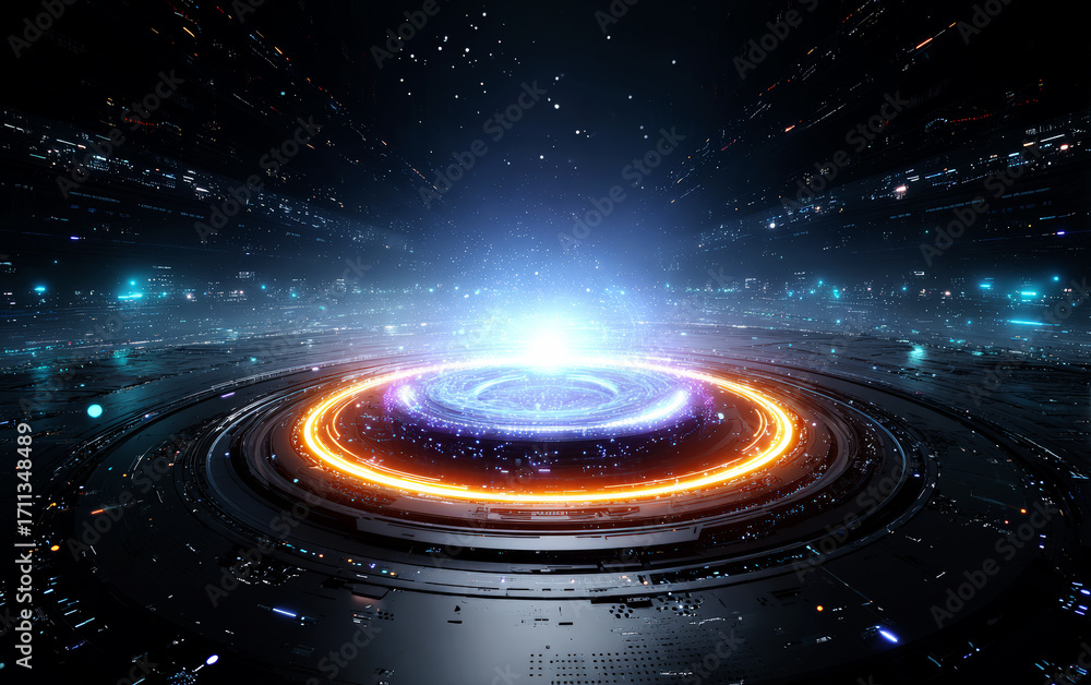 Poster futuristic sci-fi circular light display in dark space