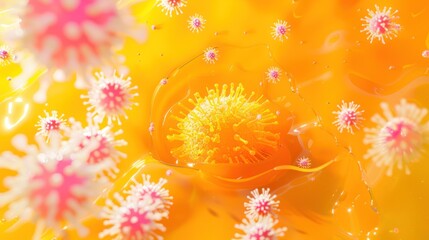 Microscopic Virus Particles in Bright Orange and Pink Colors with Fluid Background