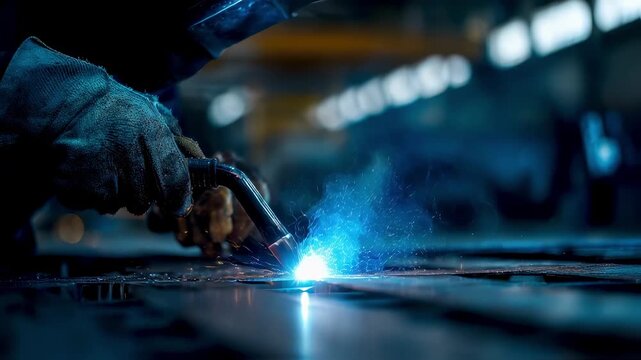 Medium shot of a skilled welder expertly guiding a MIG torch fusing thick steel plates with bright sparks and a blurred industrial background.