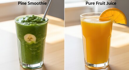 Side-by-side: Green smoothie with banana and orange juice with orange slice