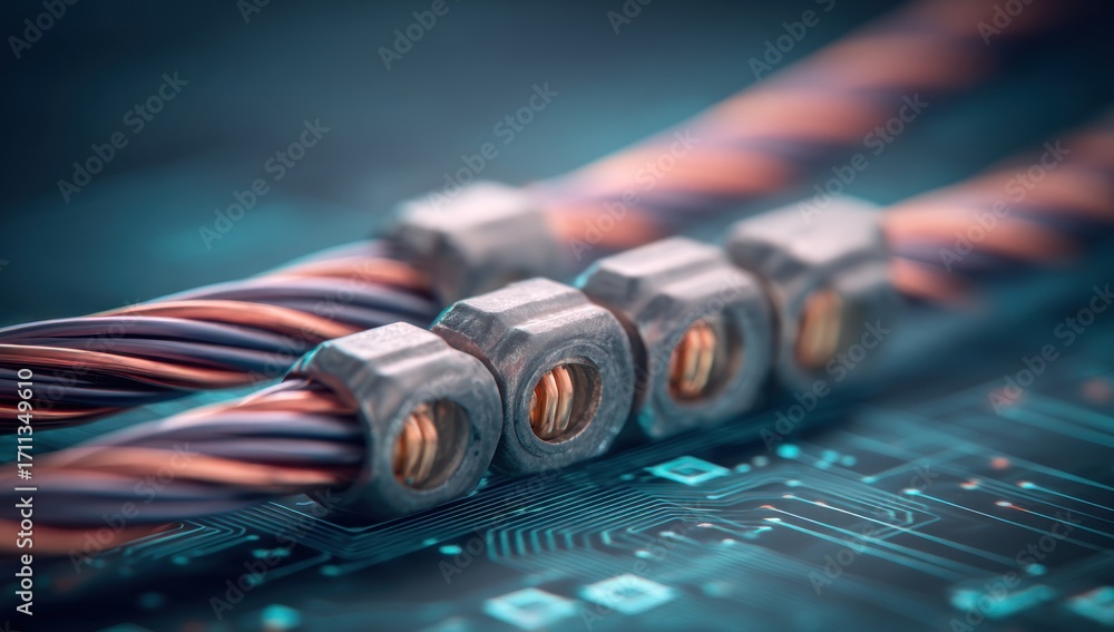 Poster close-up view of twisted copper wires connected by metallic connectors on a circuit board, showcasin