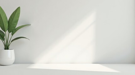 Serene Minimalist Interior Design Mockup Featuring a Lush Green Plant in a White Pot Against a Sunlit White Wall
