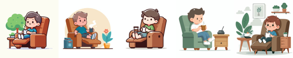vector little boy sitting on chair with coffee