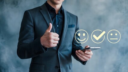 Confident businessman giving thumbs up with positive feedback icons on screen, perfect for customer satisfaction and service excellence campaigns.