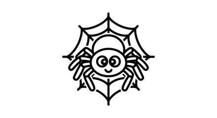 Obraz premium Cute smiling cartoon spider with big eyes on a web line art icon.