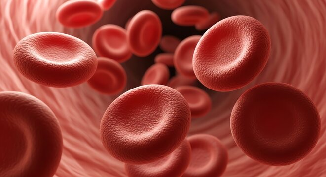 Microscopic View of Red Blood Cells Flowing Through a Blood Vessel, Detailed 3D Rendering