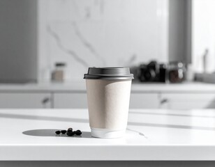 黒いフタ付き白いテイクアウトコーヒーカップのシンプルなモックアップデザイン｜飲み物,カフェ,紙コップ,無地,ブランド素材