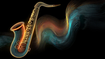 A neon lit saxophone with fluid, holographic shapes gloss