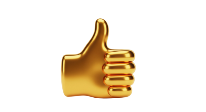 Golden 3D Thumbs Up Icon Isolated on White Background. Like Sign and Approval Symbol.