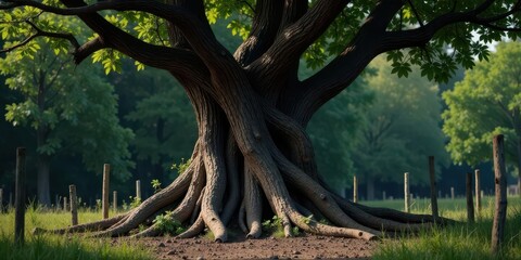Majestic ancient tree with exposed roots, standing serene in a sunlit meadow, partially obscured by a rustic wooden fence