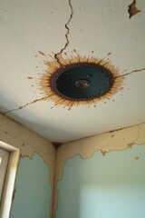 A circular stain, reminiscent of a celestial body, marks a cracked ceiling, suggesting water damage and the need for home repair.