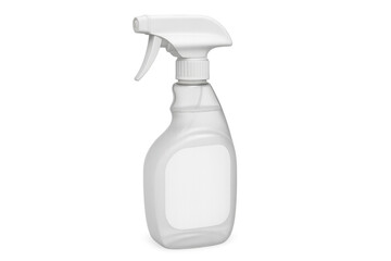 White plastic spray bottle with blank label on transparent background