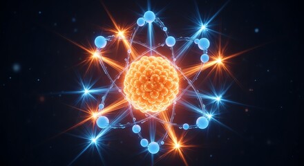 Glowing Atom Structure with Energy Burst, Science Illustration, Dark Background.