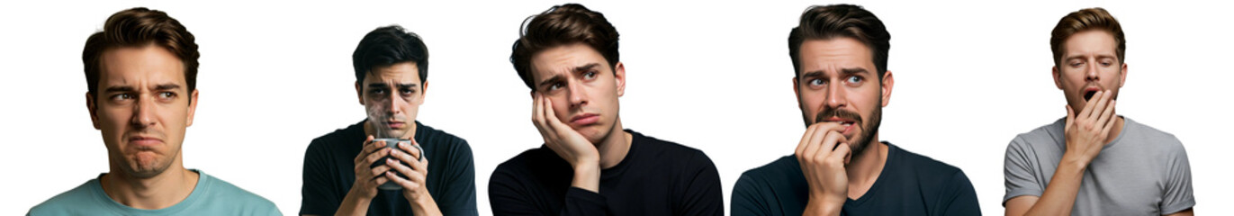 Fototapeta premium Tired and stressed people showing overthinking, confusion, and exhaustion expressions, diverse emotional portraits for mental health, burnout, depression, and workplace stress concepts