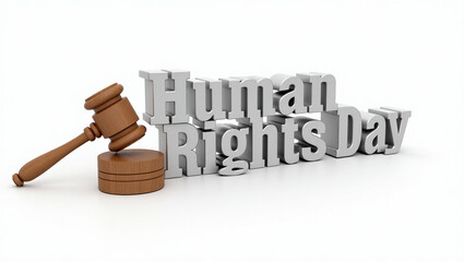 Gavel and human rights day text isolated on white background conceptual image symbolizing justice, law, and the celebration of human rights, emphasizing equality and freedom for all individuals