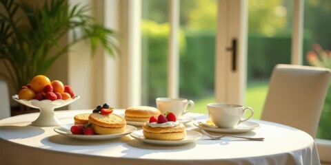 Sunlight streams through a window illuminating a table setting featuring delicate pastries, fresh fruit, and teacups.