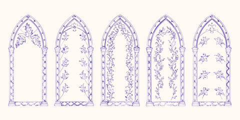 Collection of five gothic arch window frames with intricate floral vine and leaf embellishments in purple ink