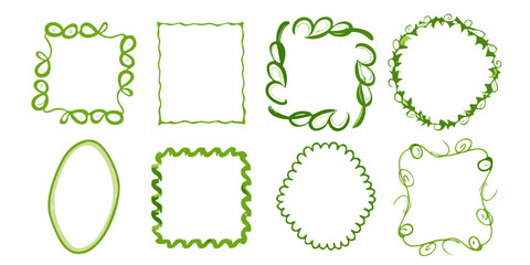 Collection of eight decorative green hand drawn frames and borders in various organic shapes and styles